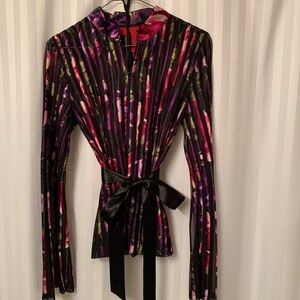 JS Collection Vibrant Floral Blouse with Black Tie